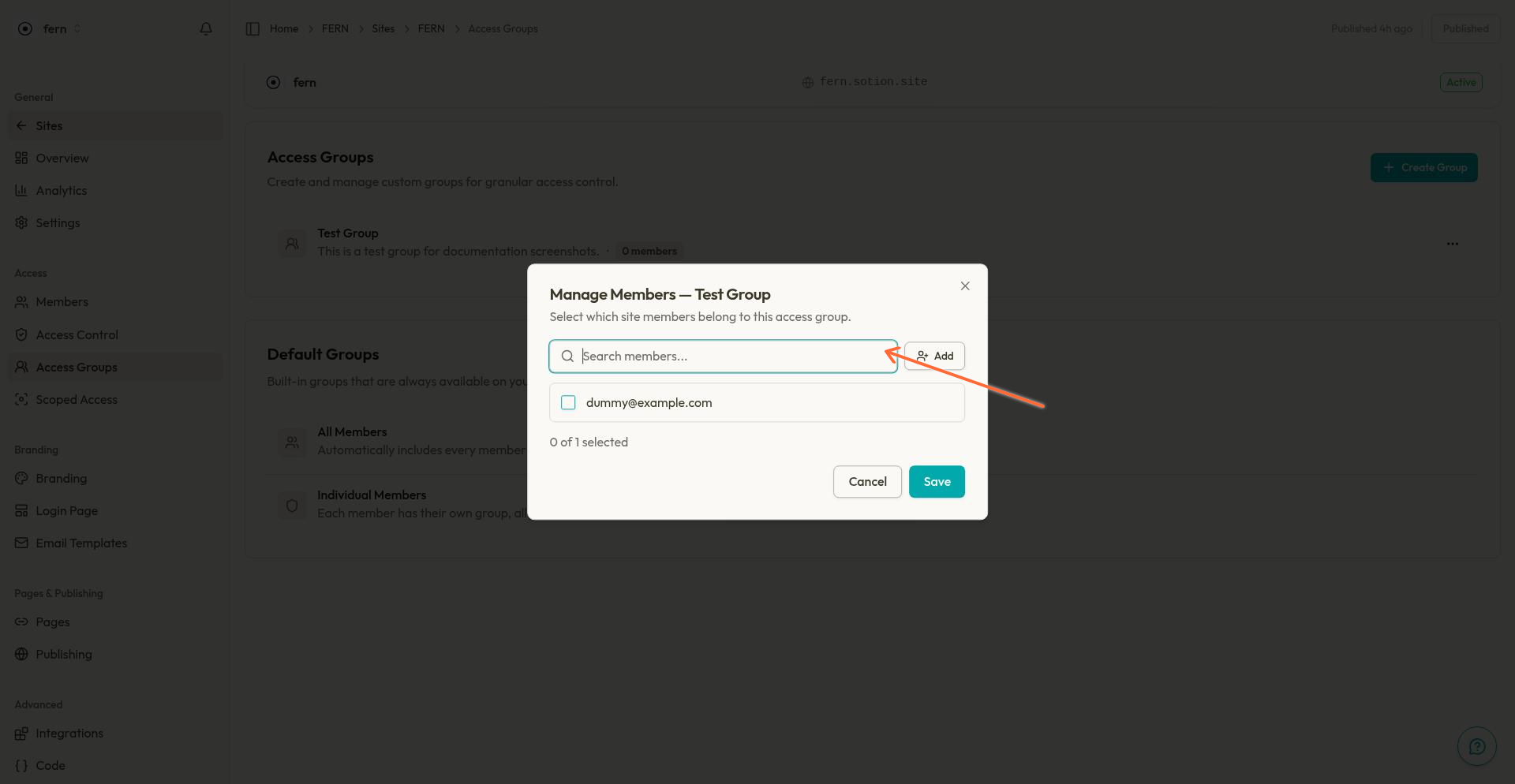 Manage Members dialog showing member list with search field and checkboxes