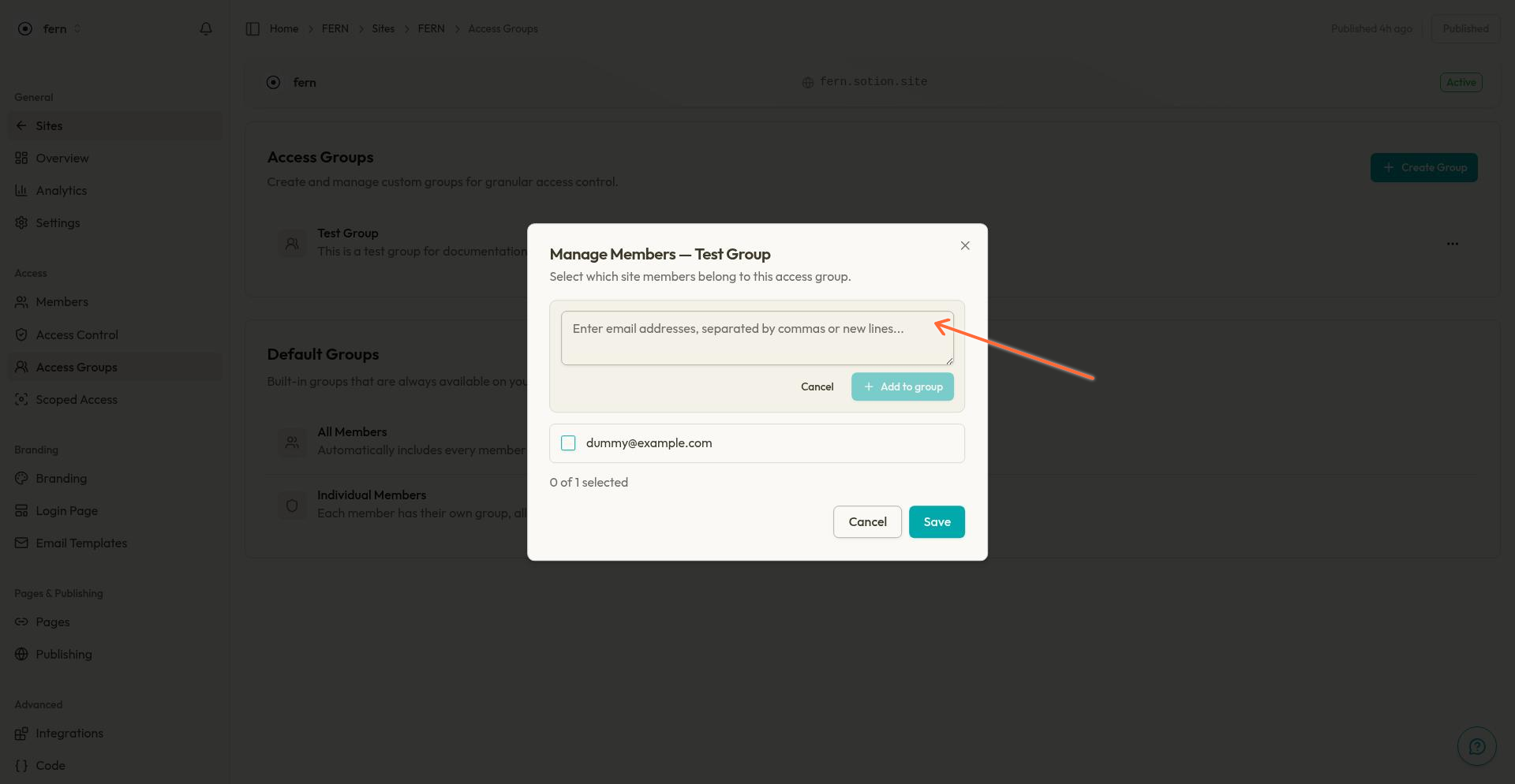 Bulk add members dialog with textarea for entering multiple email addresses