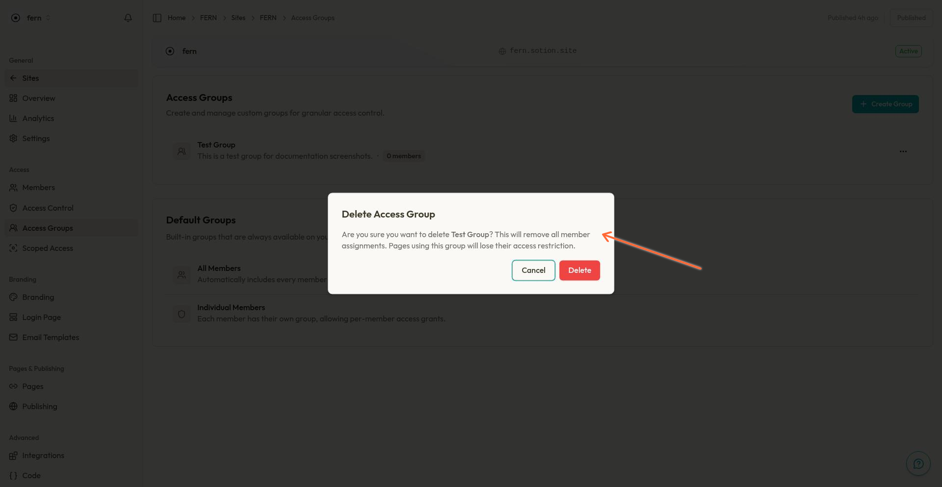 Delete Access Group confirmation dialog showing warning about member assignments and page access