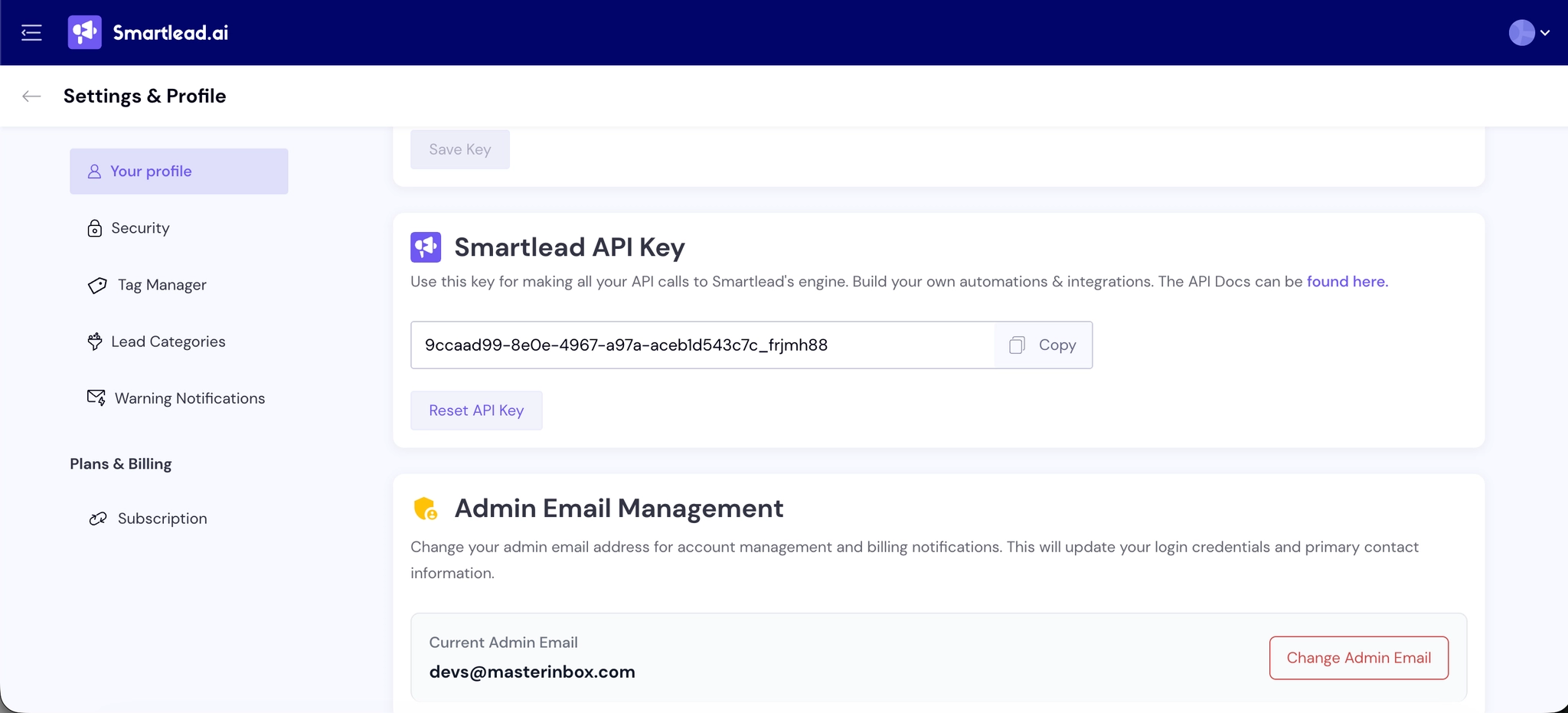 Copy API key from SmartLead