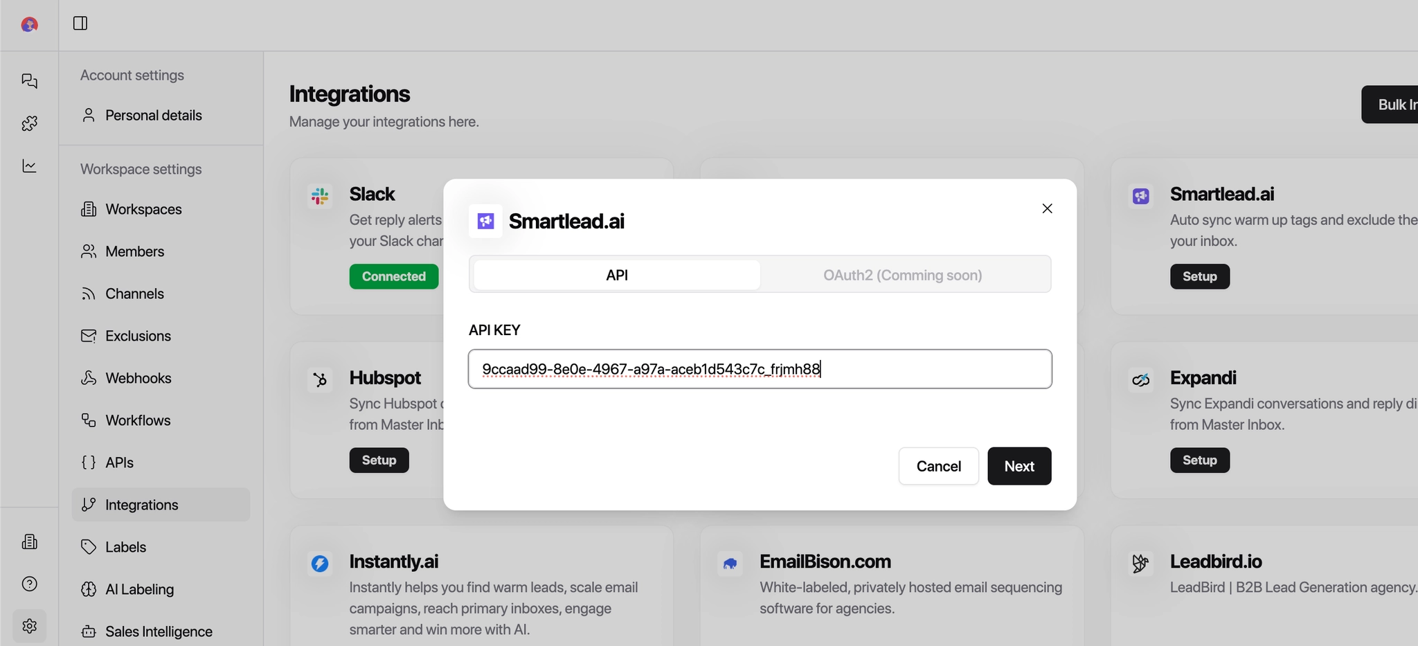Paste API key in MasterInbox