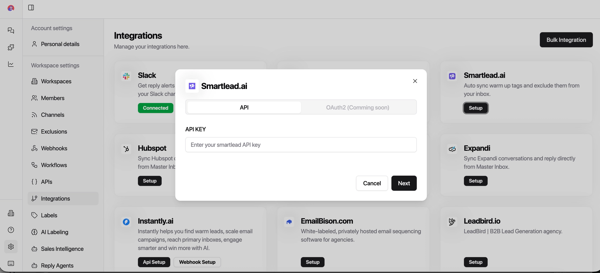 SmartLead integration screen