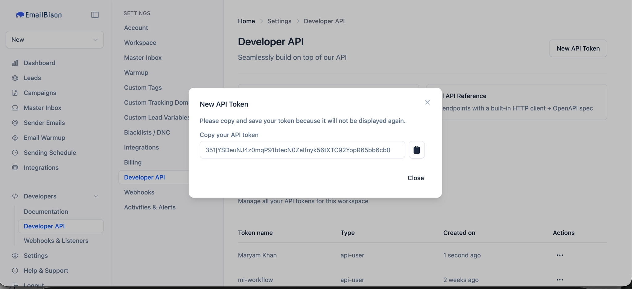 Generated API token ready to copy