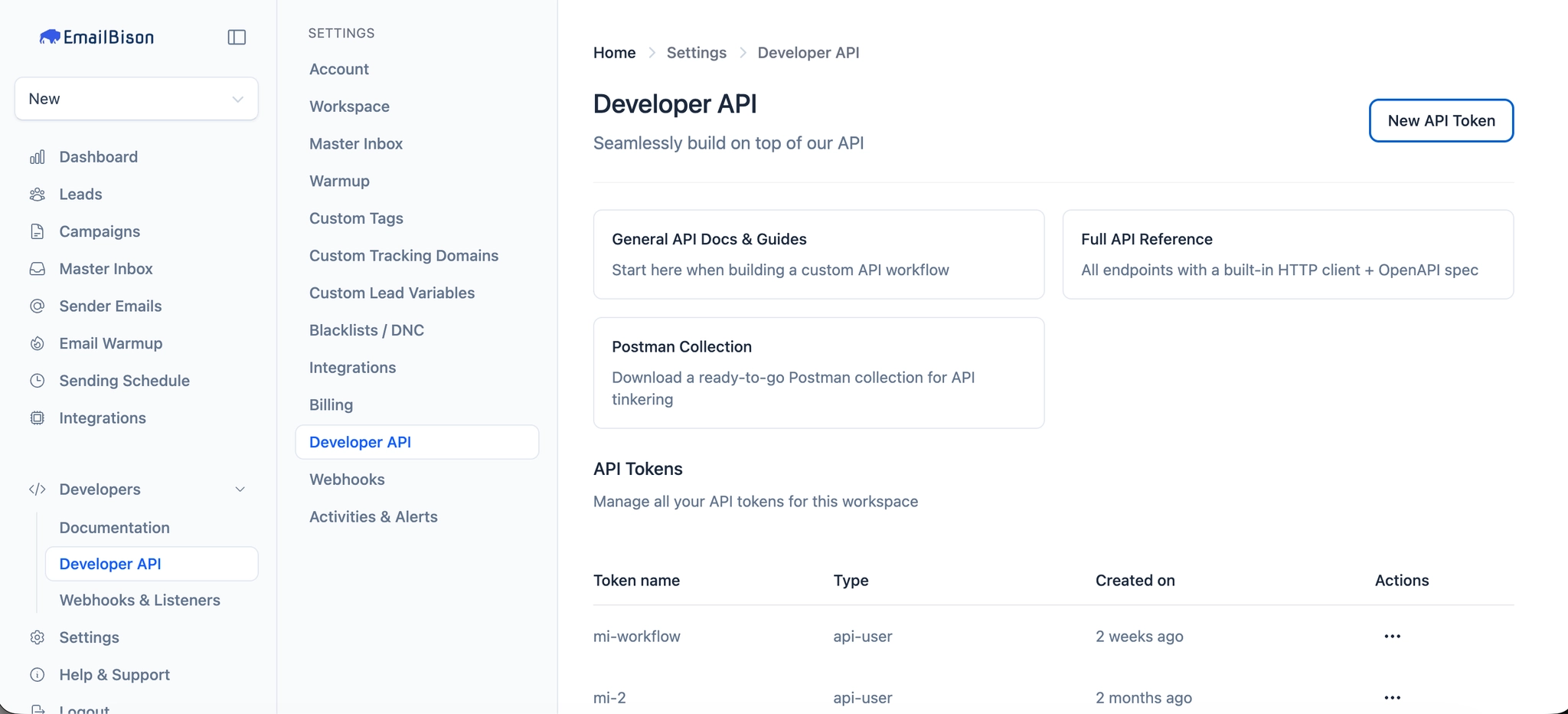 EmailBison Settings page showing Developer API menu