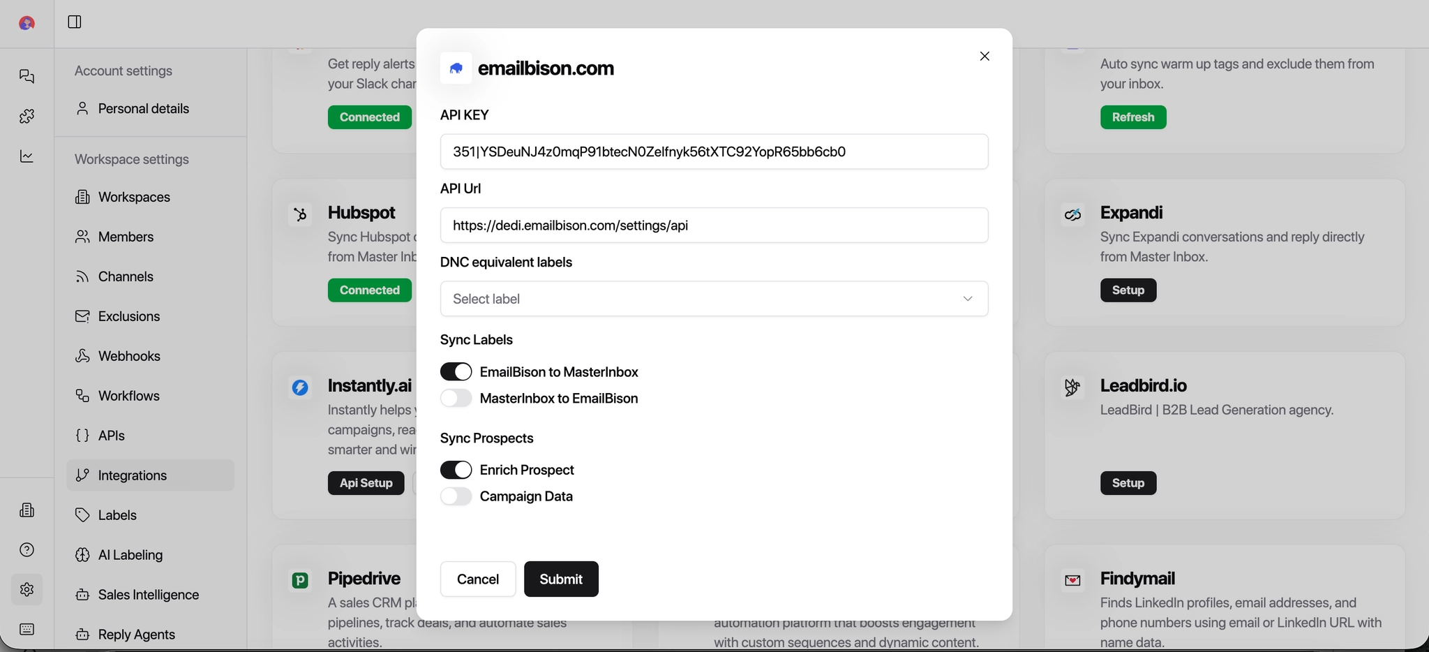 MasterInbox integration page with API token and URL fields