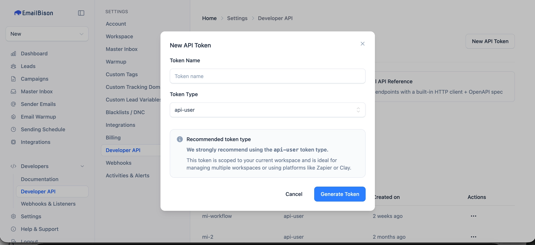 Developer API page with New API Token button