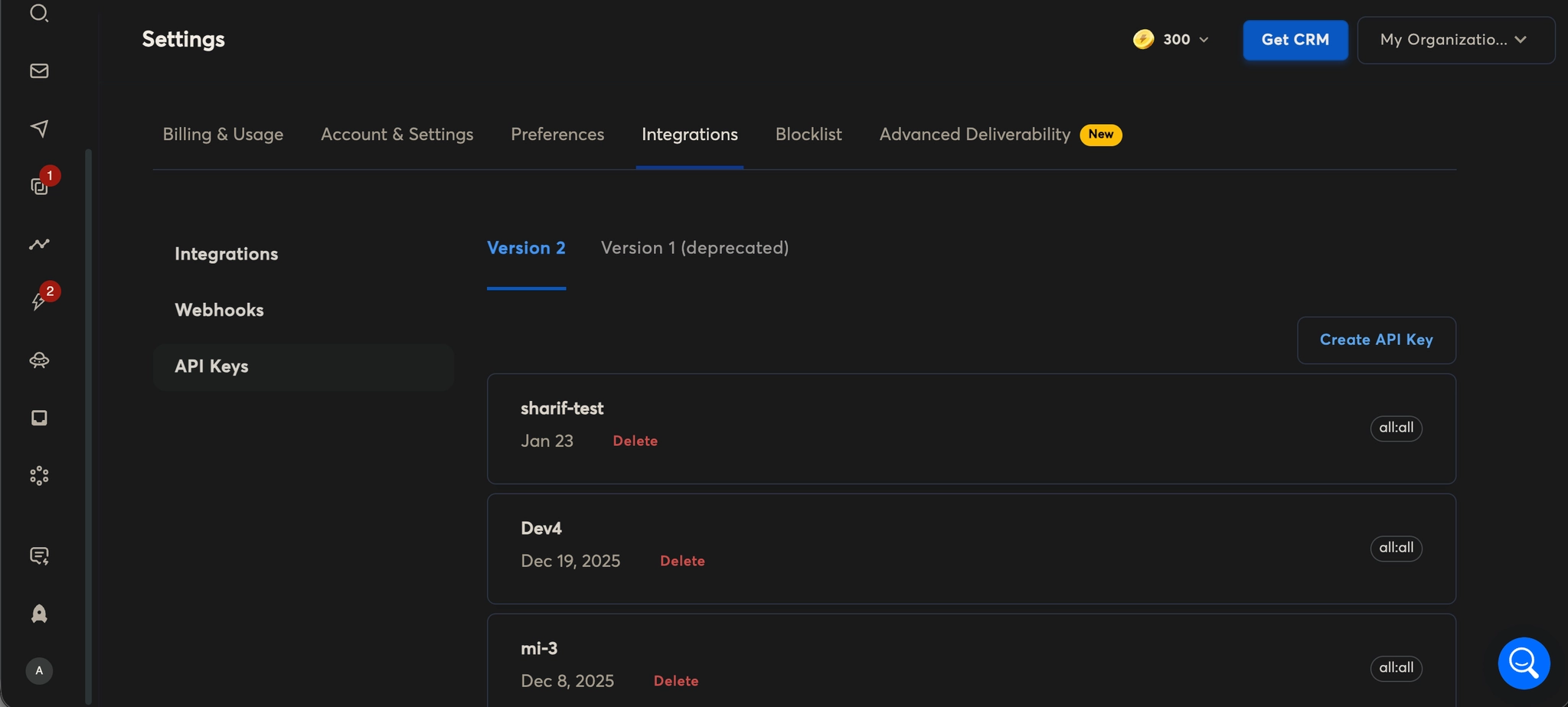 Instantly.ai API Keys section