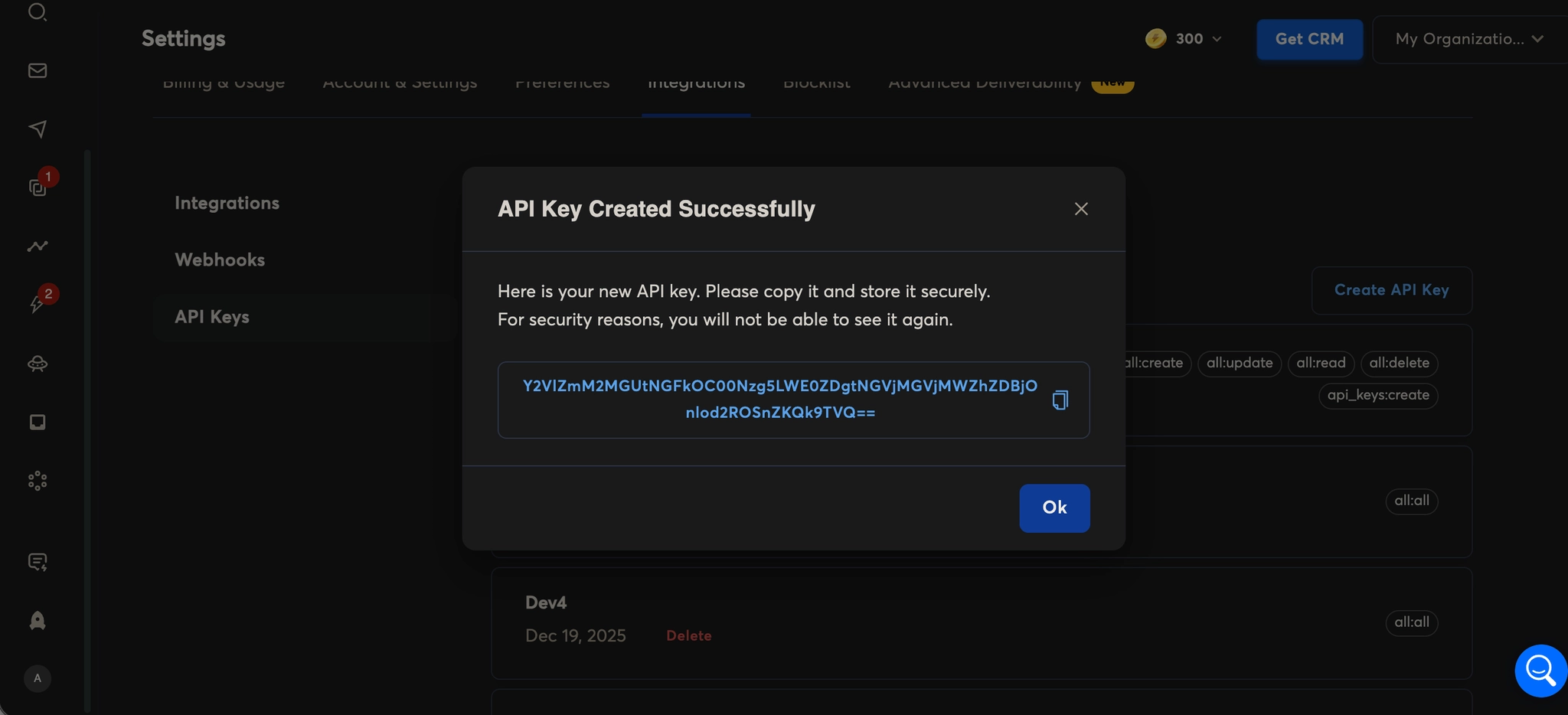 API Key created successfully
