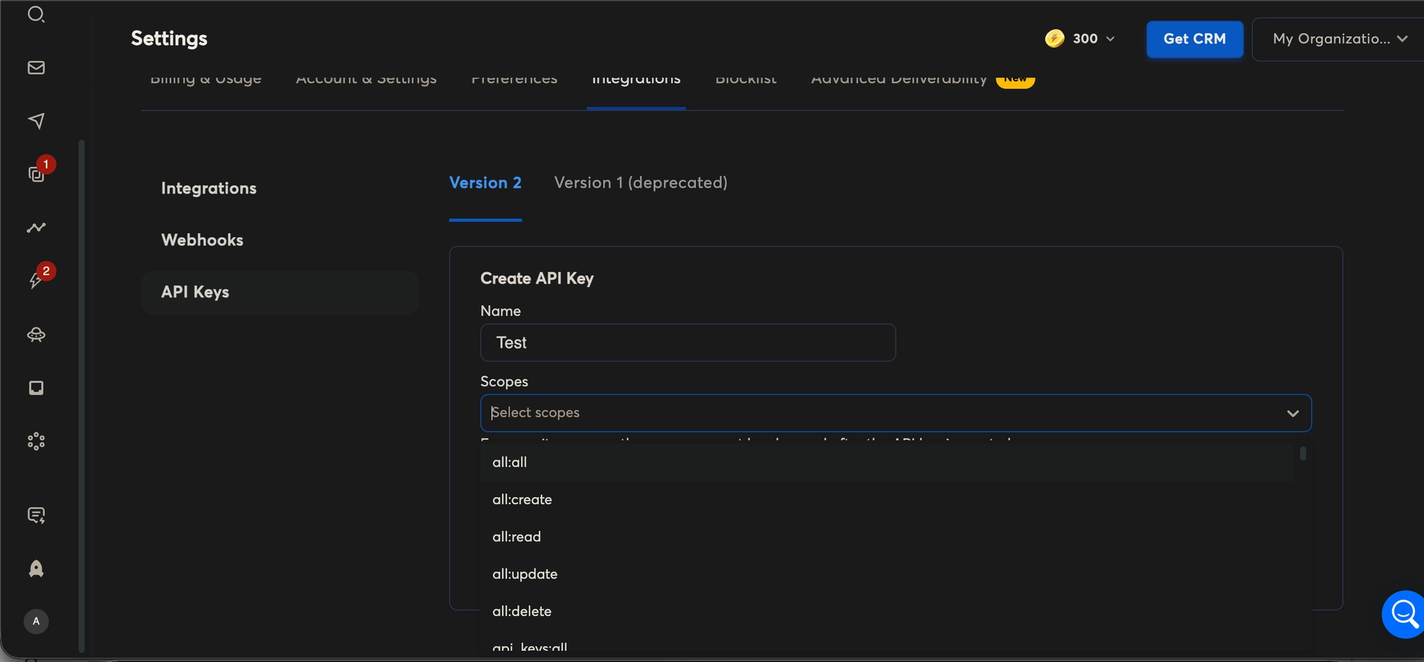 Select API key scopes
