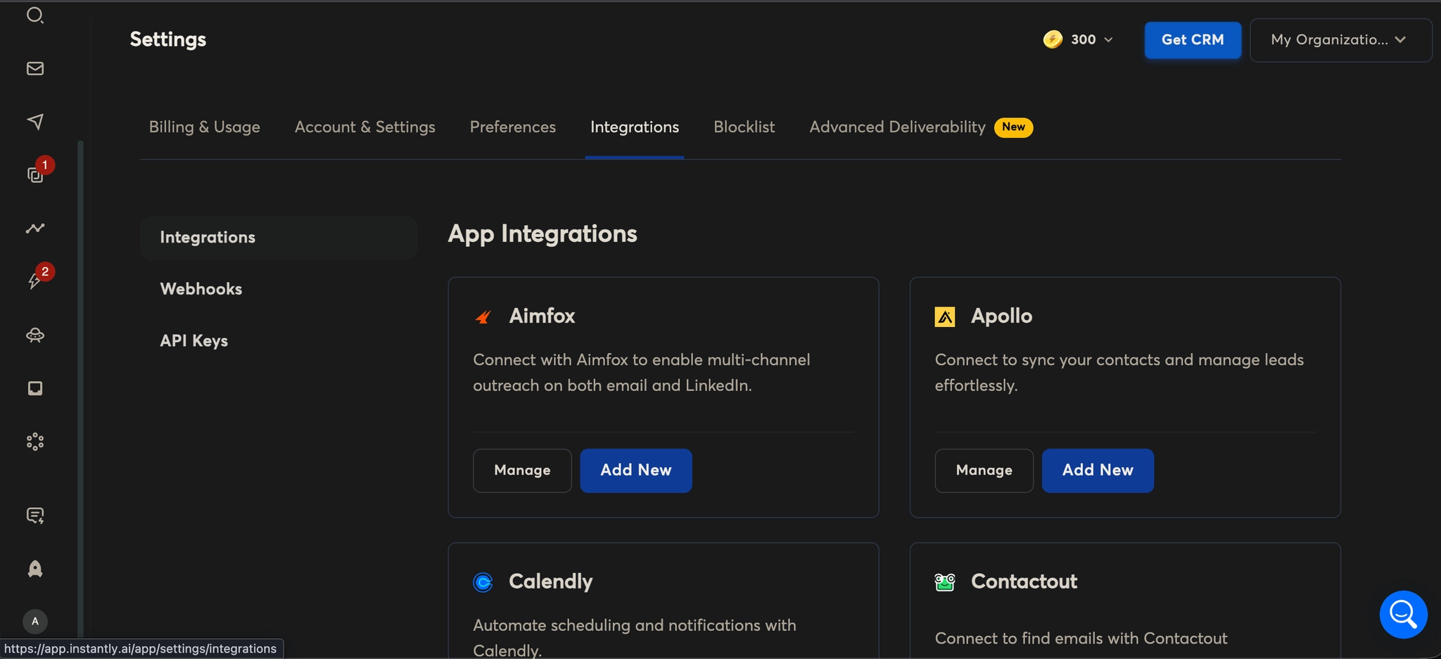 Instantly.ai Integrations page