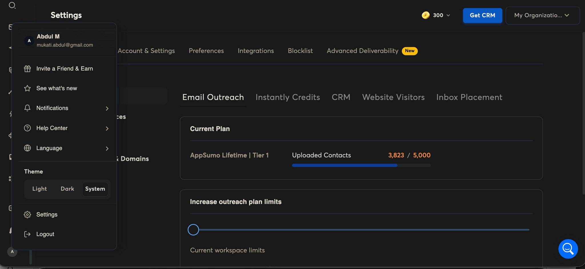 Instantly.ai Settings page