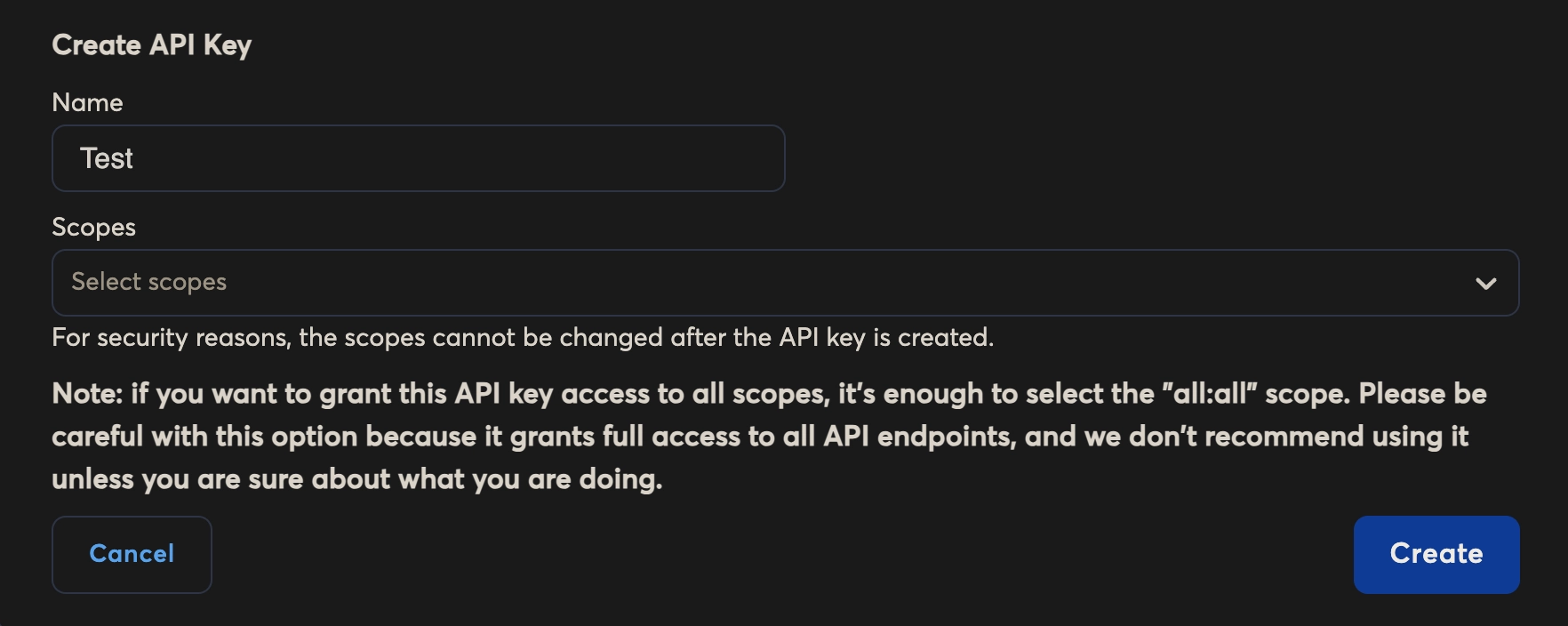 Create API Key form