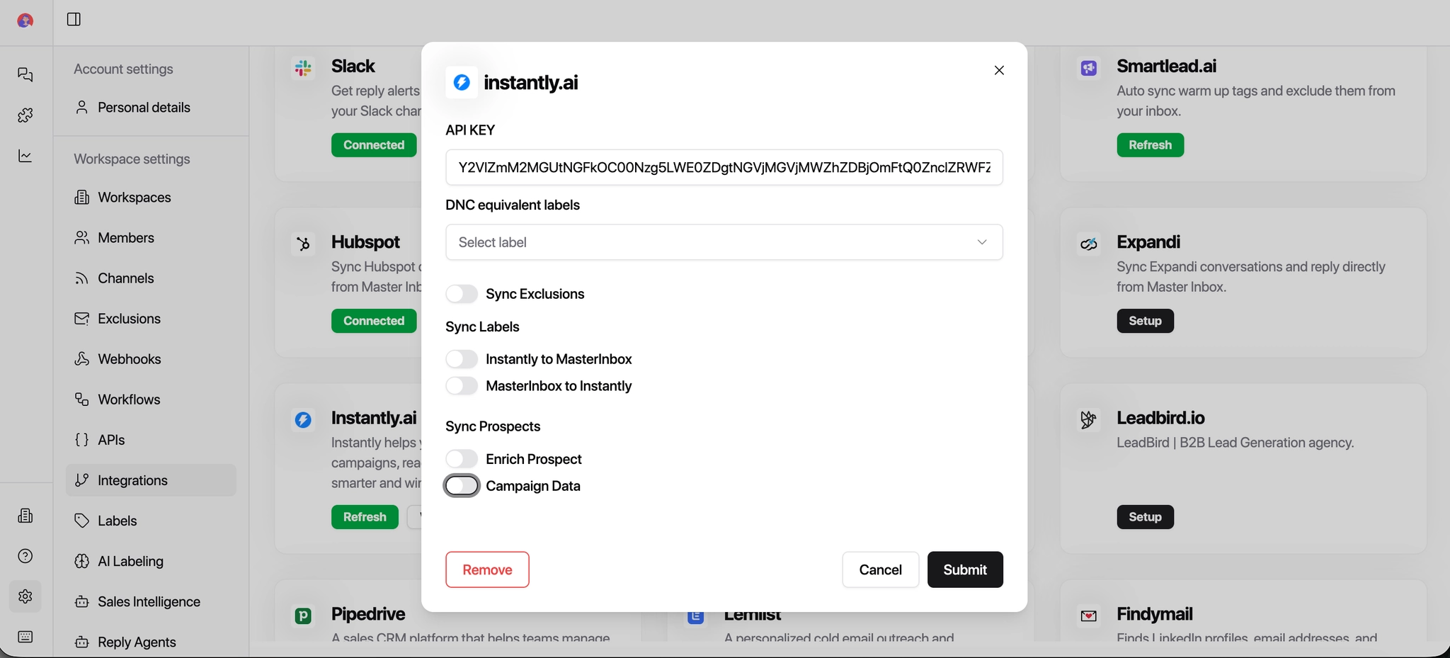 MasterInbox Instantly.ai integration modal