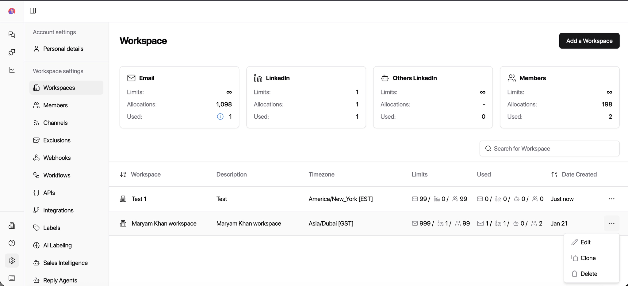 Clone workspace menu