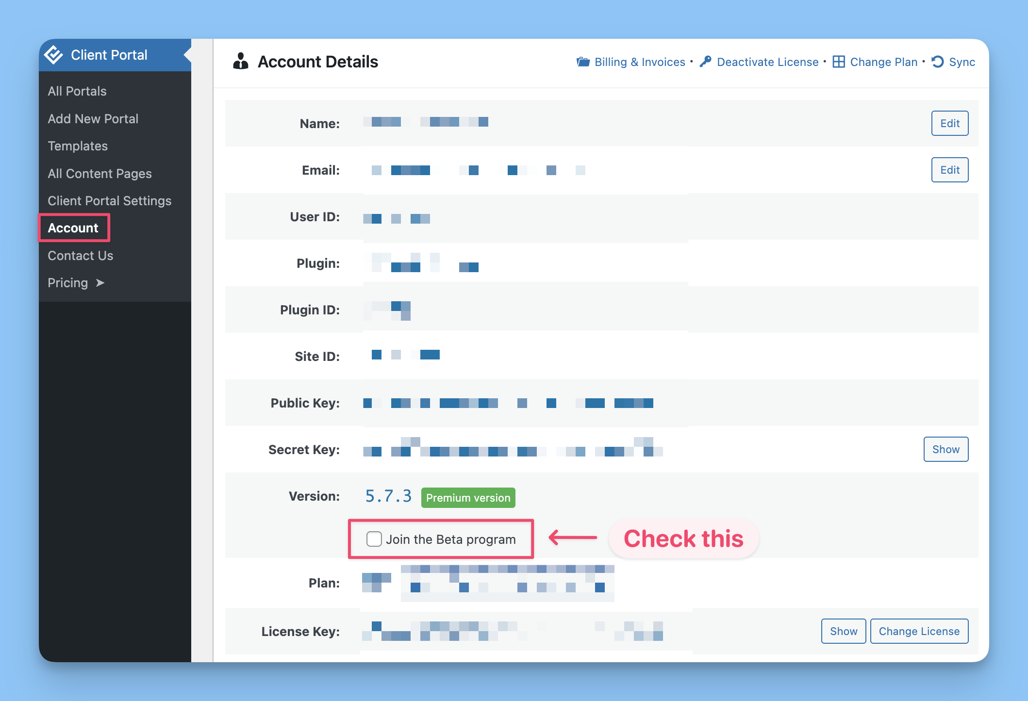 Client Portal Account page showing the Beta program checkbox