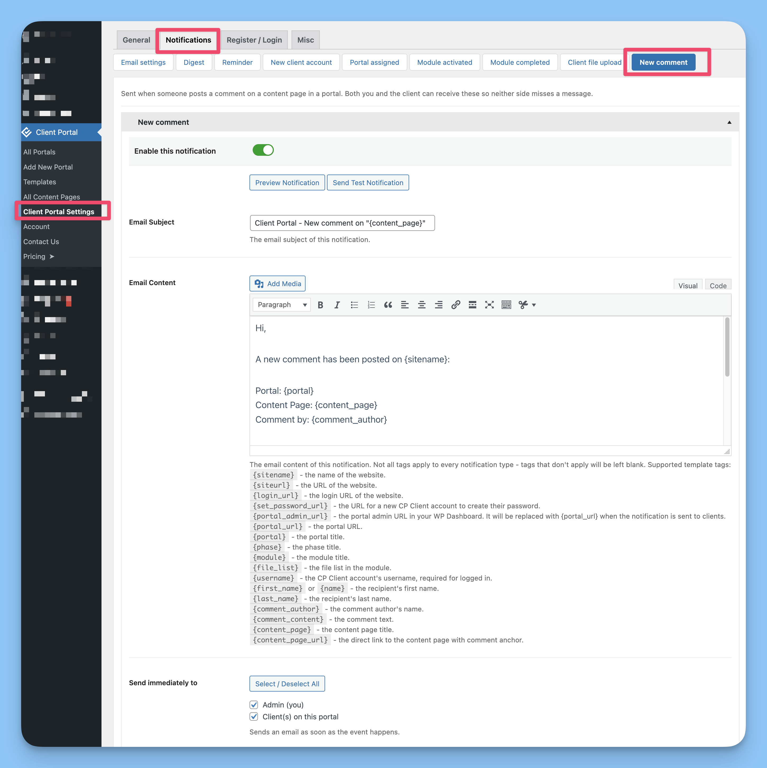 New Comment notification settings