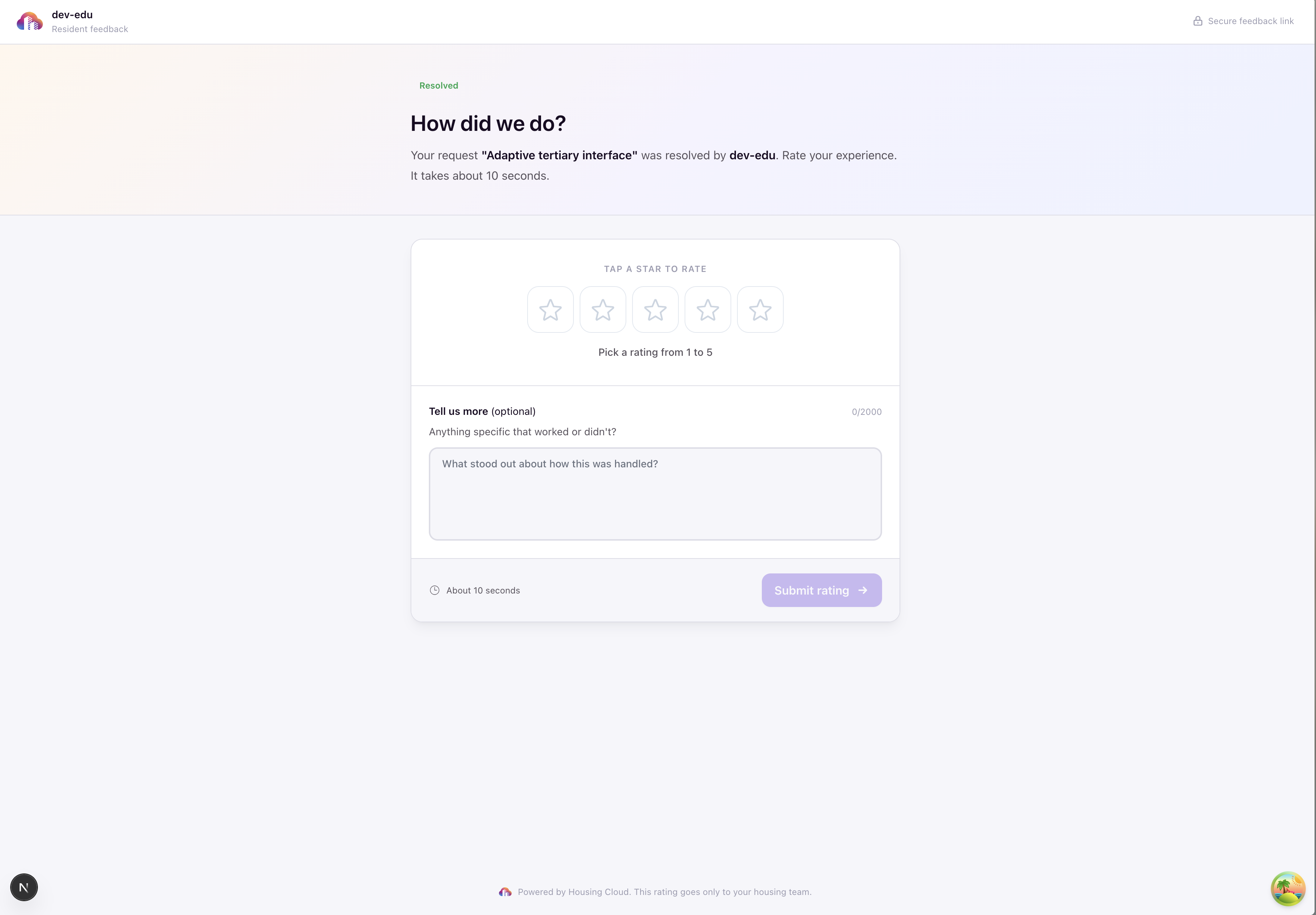 Public rating page showing the star rating interface, feedback chips, and comment field