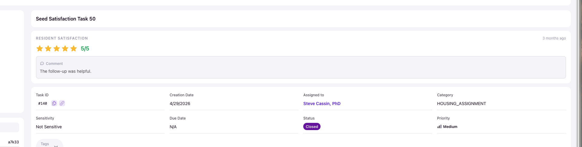 Task detail page showing a 5/5 rating with comment 'The follow-up was helpful' and task metadata