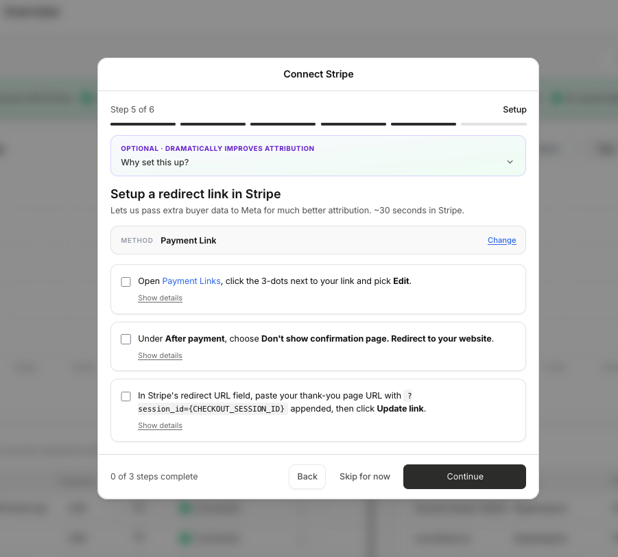Modal 'Stripe verbinden' zeigt Anweisungen zur Einrichtung des Redirect-Links