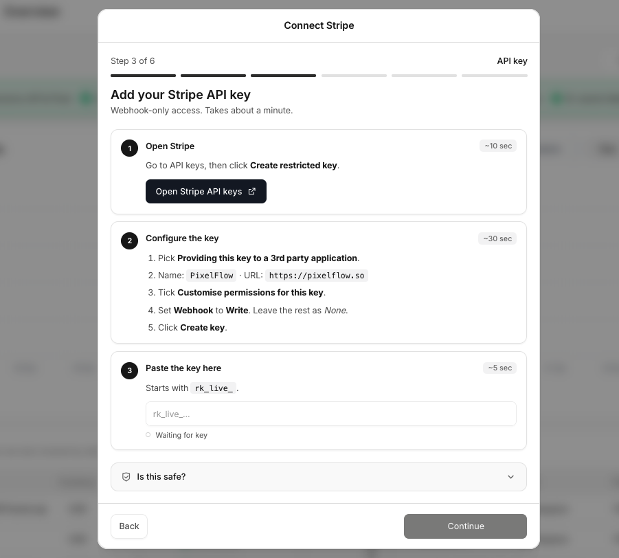 Modal 'Stripe verbinden' zeigt Anweisungen zur Einrichtung des API-Schlüssels