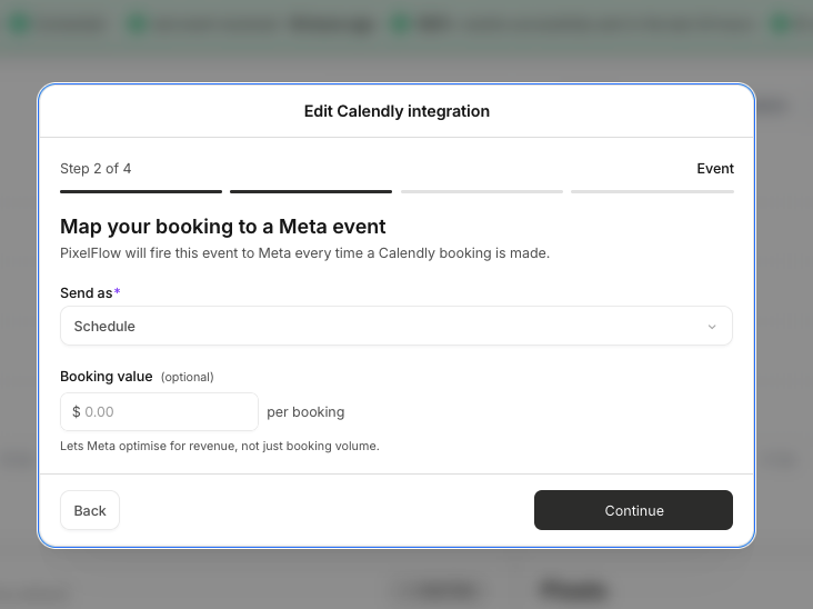 Event-Mapping-Modal mit „Send as“-Dropdown und „Booking value“-Feld