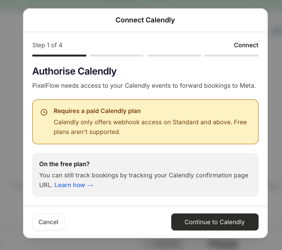 Calendly-Autorisierungs-Modal mit Warnung zur Erforderlichkeit eines kostenpflichtigen Tarifs