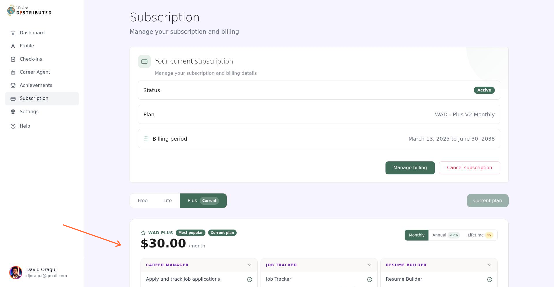 Subscription page showing WAD Plus plan with pricing and feature list