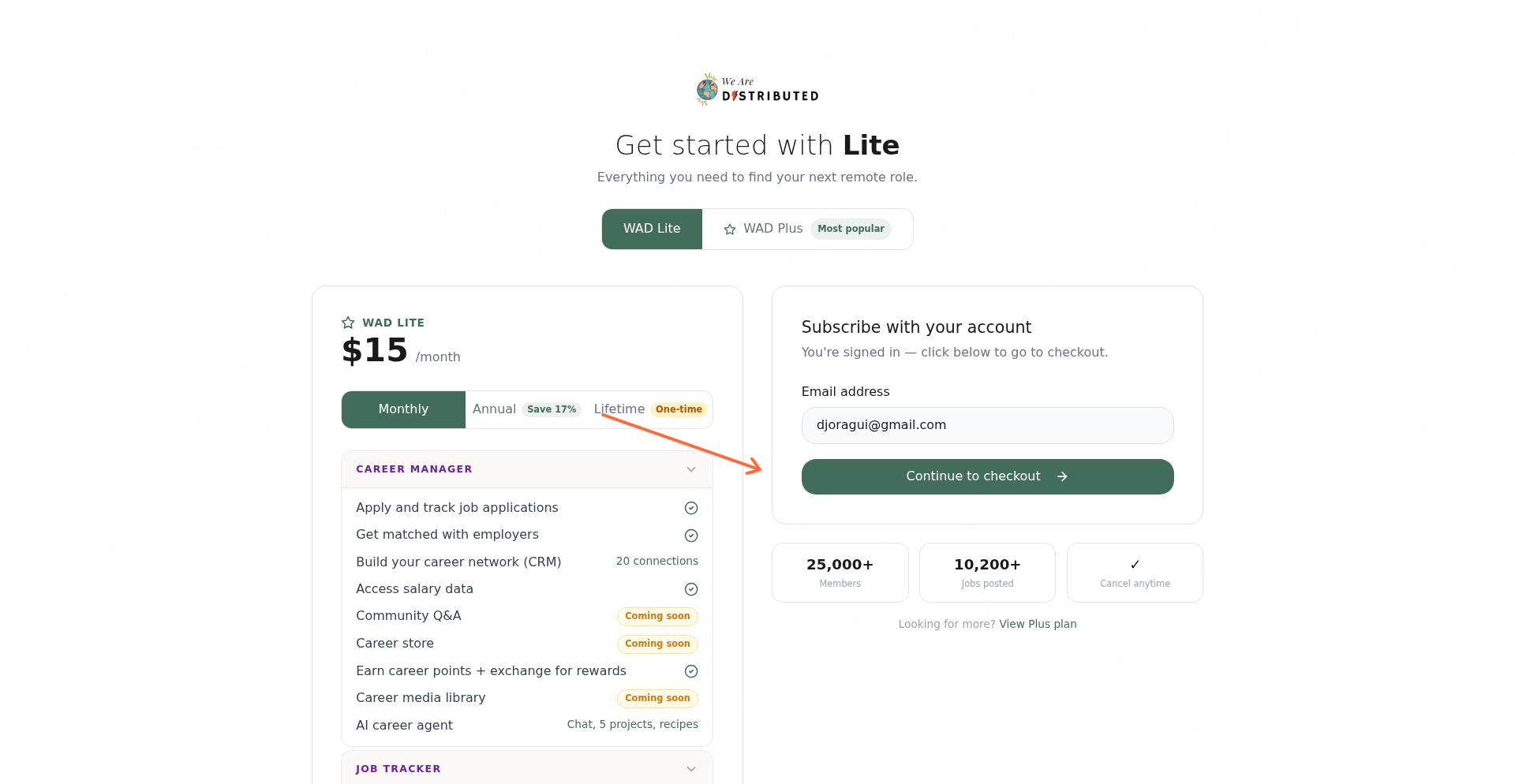 Guest checkout page with email field and continue button