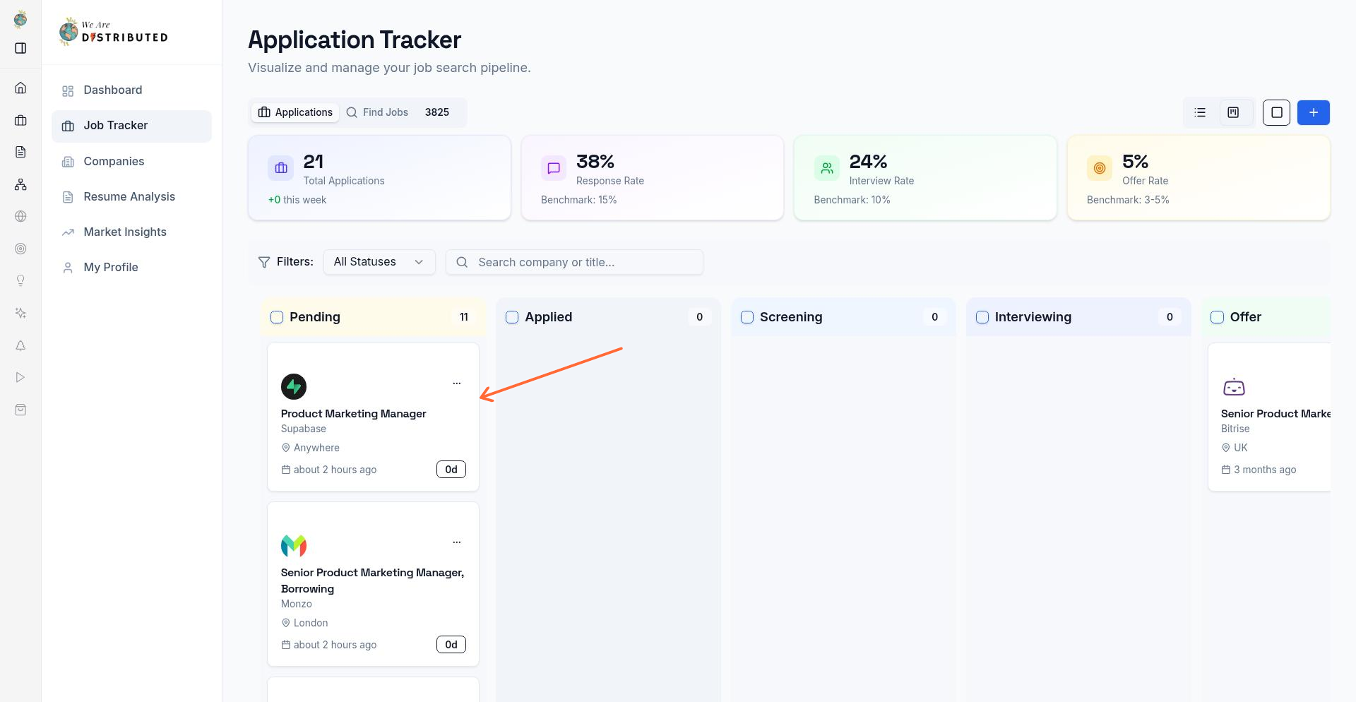Job tracker Kanban board with draggable job cards