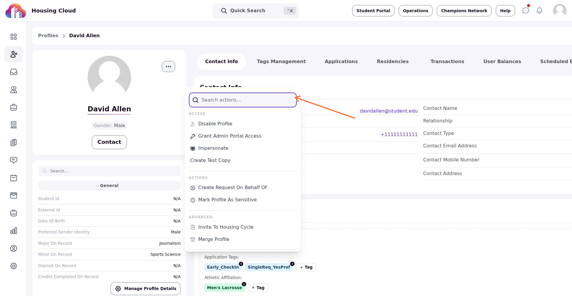 Actions menu with Edit Profile option
