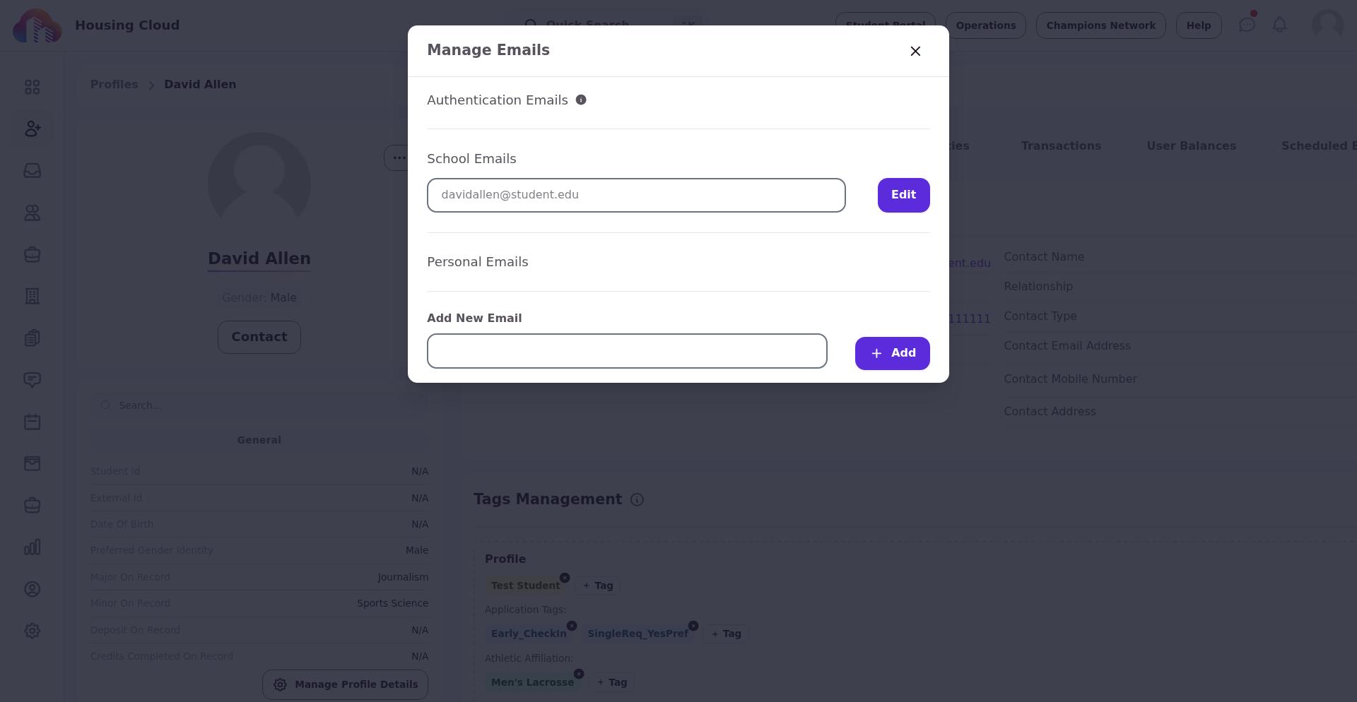 Manage Emails modal