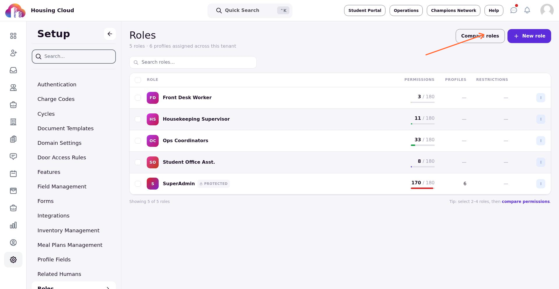 Roles list page showing the New role button