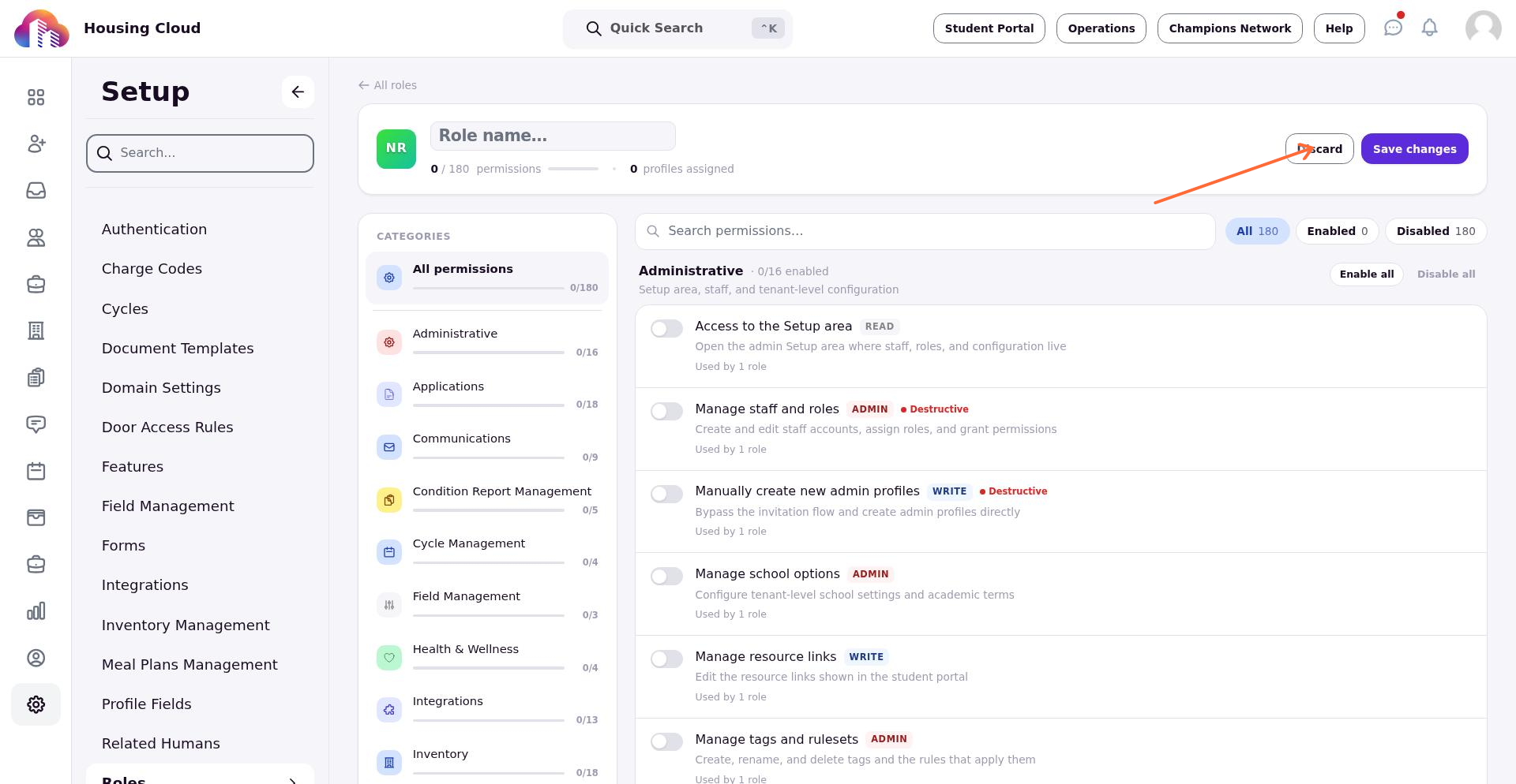 Role editor with name field and permission grid
