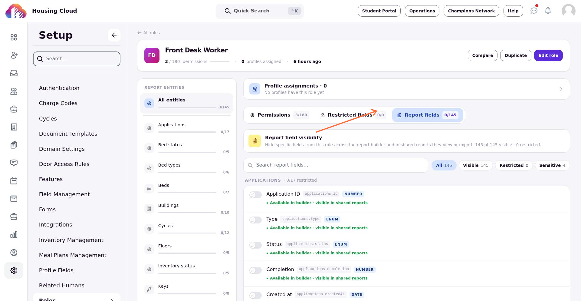 Click the Report fields tab in the role editor