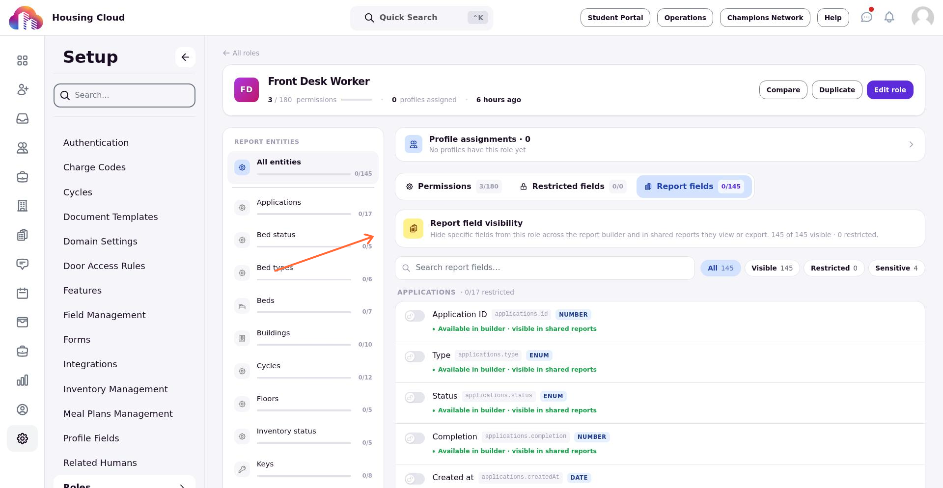 The Report fields tab shows the visibility summary card, search input, and filter chips