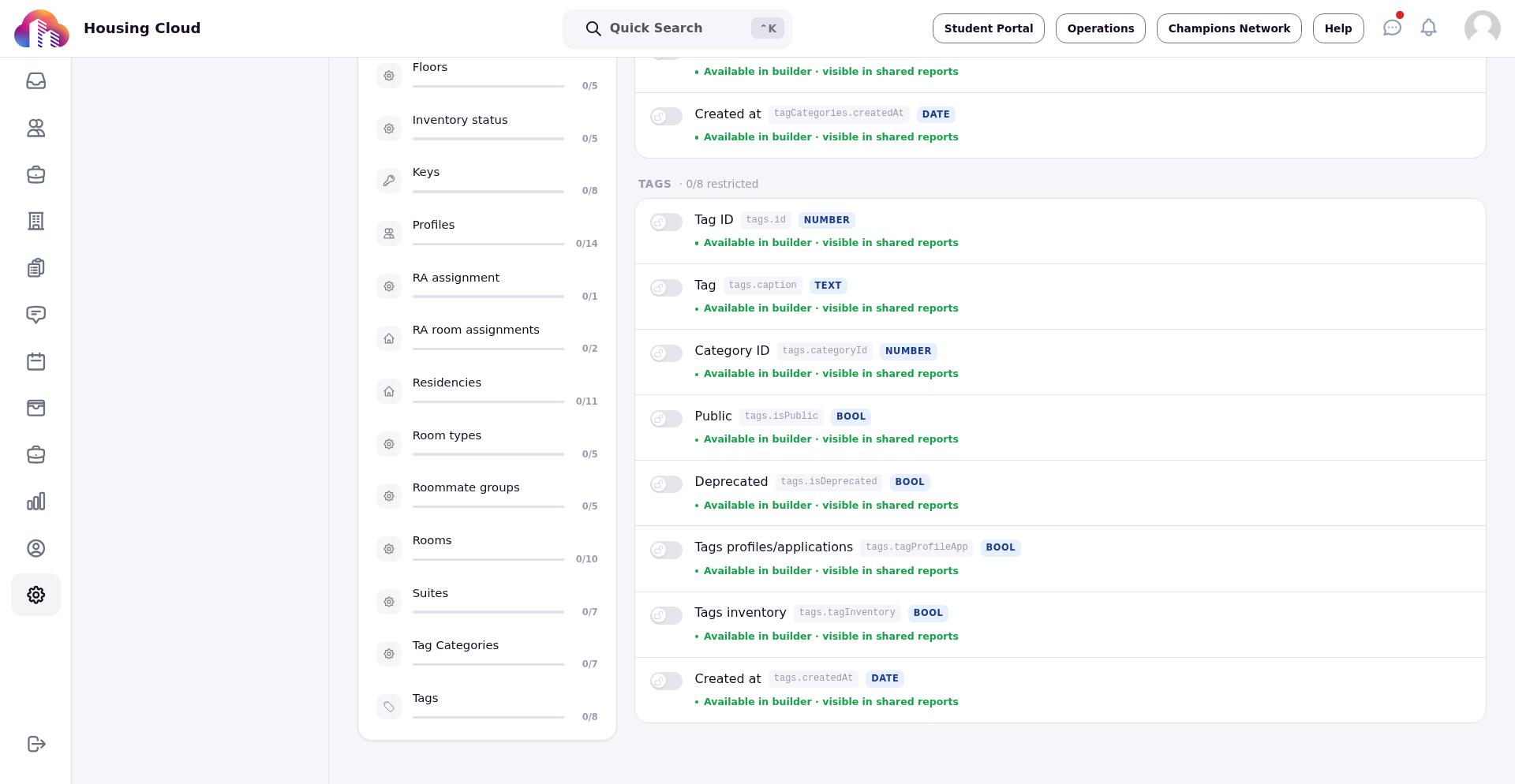 The Report entities sidebar groups fields by data source