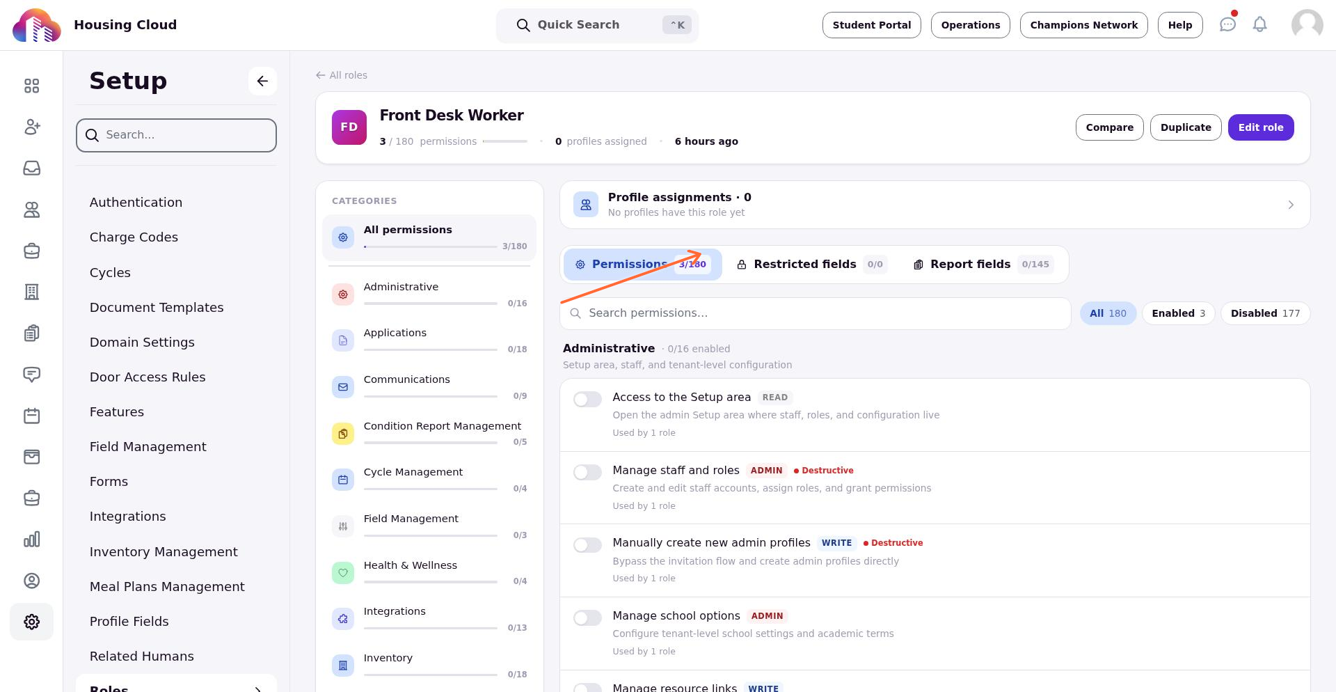Role detail page showing Permissions, Restricted fields, and Report fields tabs