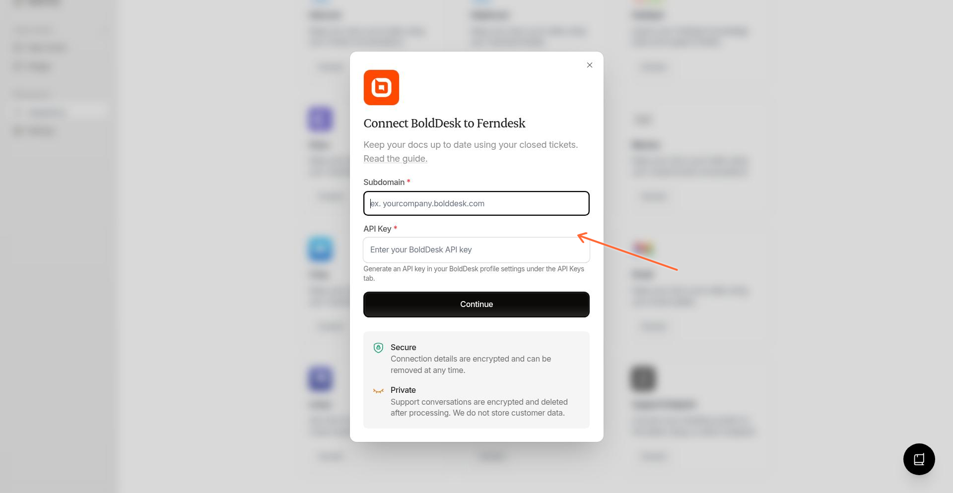 BoldDesk-Verbindungs-Modal, das die Felder für Subdomain und API-Key zeigt