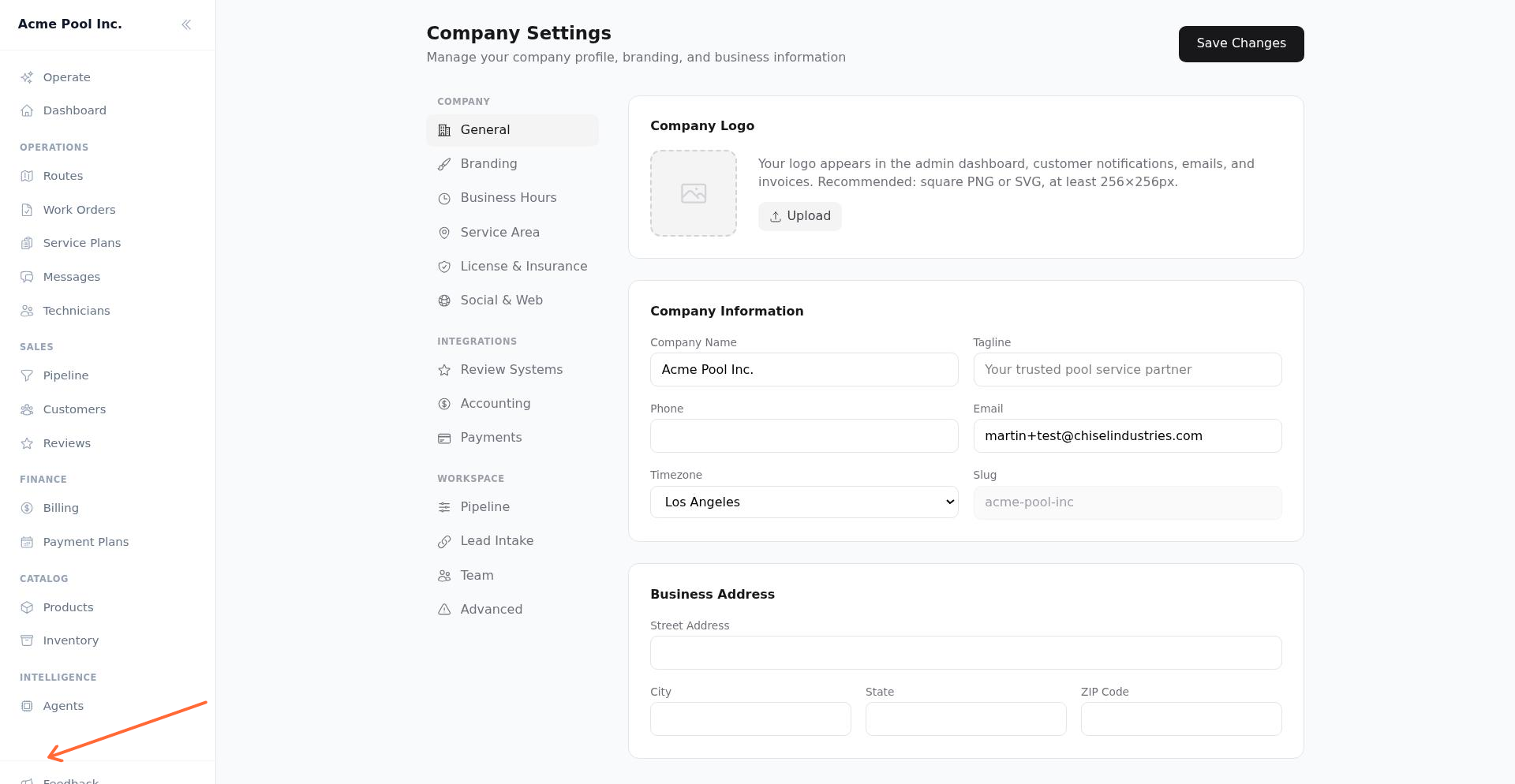 Settings page in the Chisel Tide admin dashboard