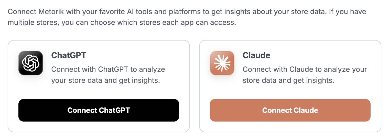 Metorik Applications page with Connect ChatGPT and Connect Claude buttons