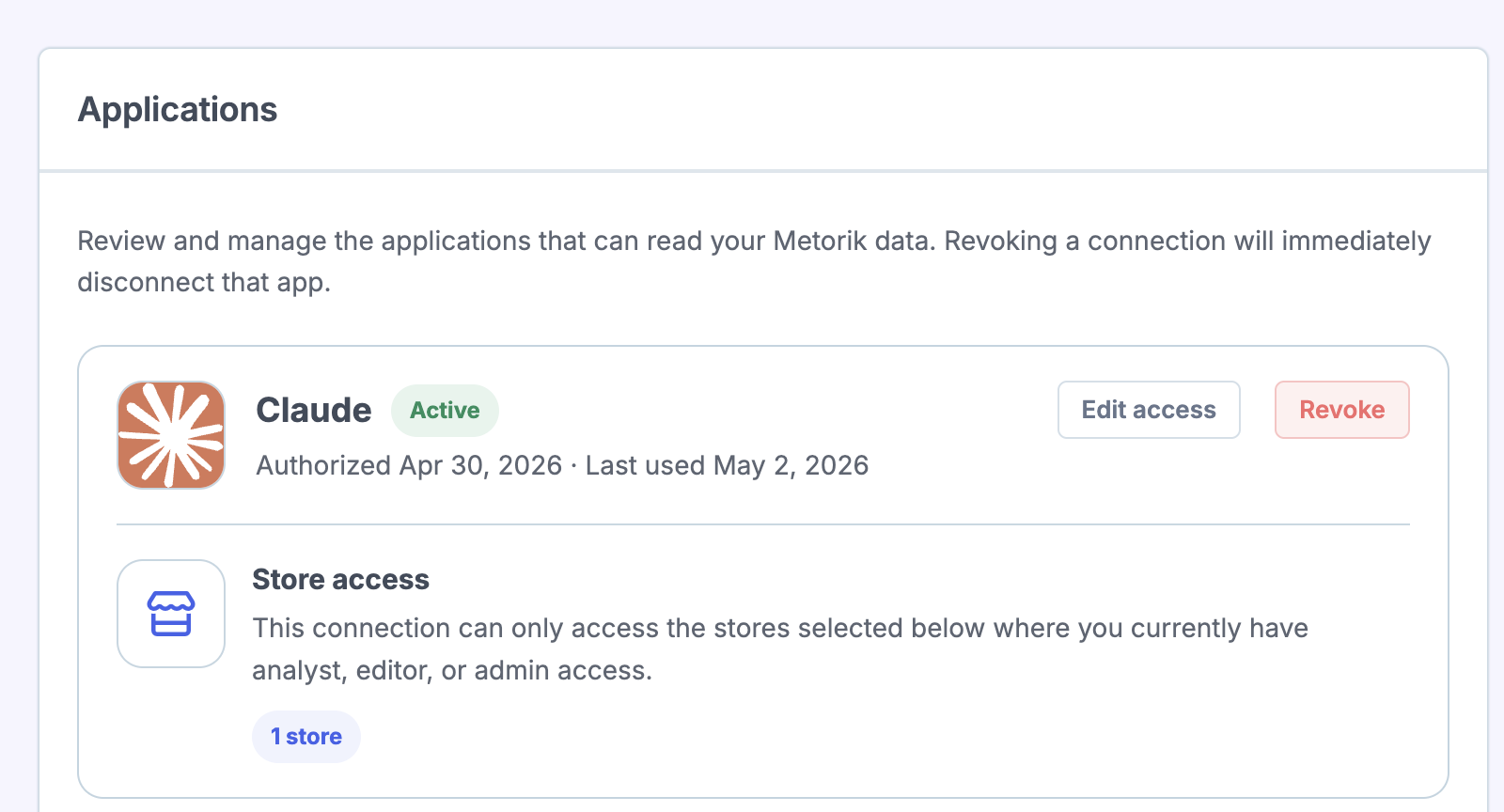Applications settings page showing connected Claude app with Edit access and Revoke options