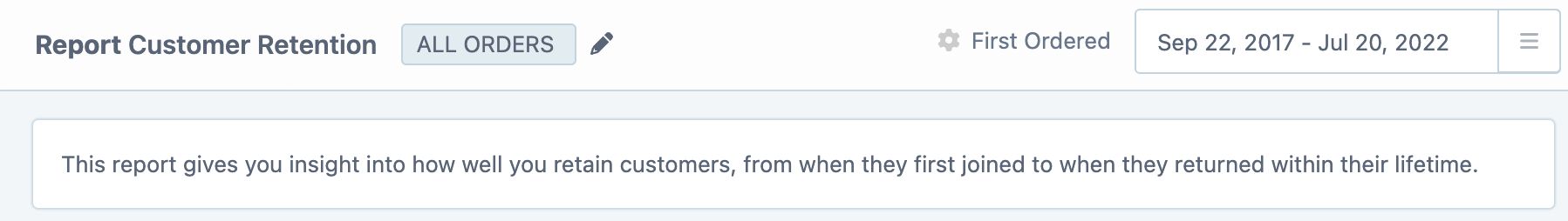 Customer Retention Report date picker showing first order date and joined date options