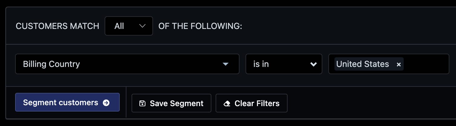 Country filter set to United States with Billing Country is in condition