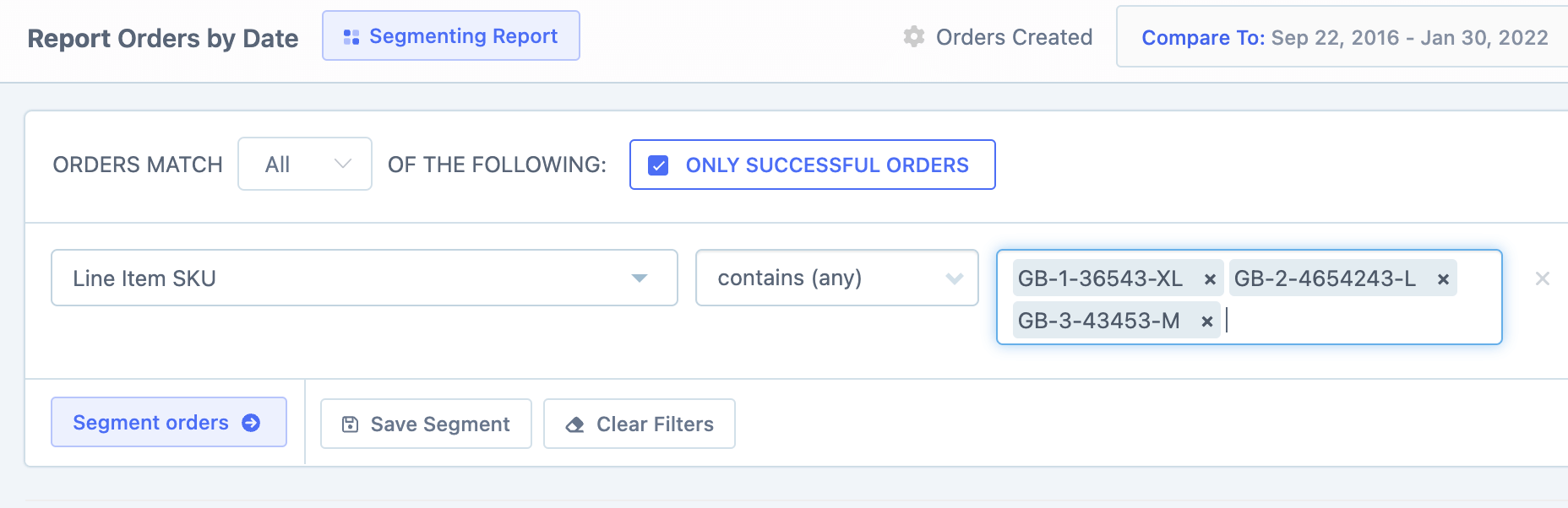 Selecting the Line Item SKU filter in the segmenting tool
