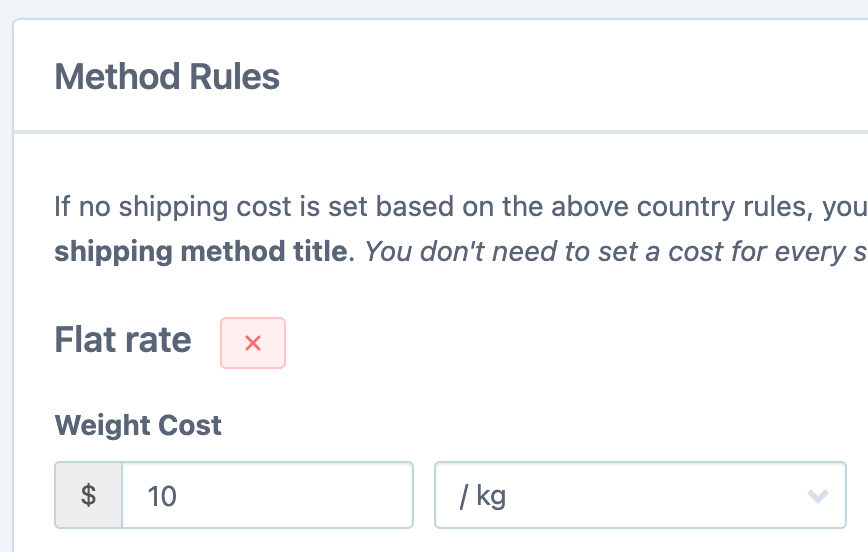 Set shipping method weight costs
