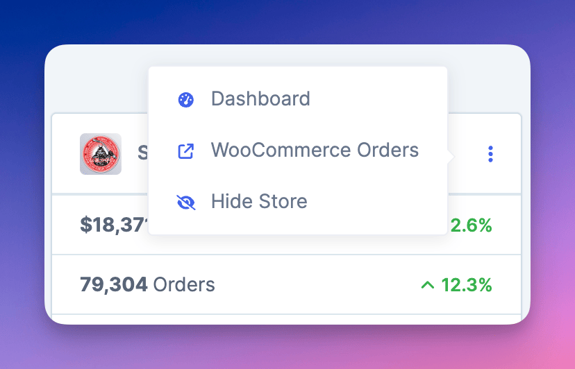 Per-store dropdown with options to go to store, go to orders, or hide