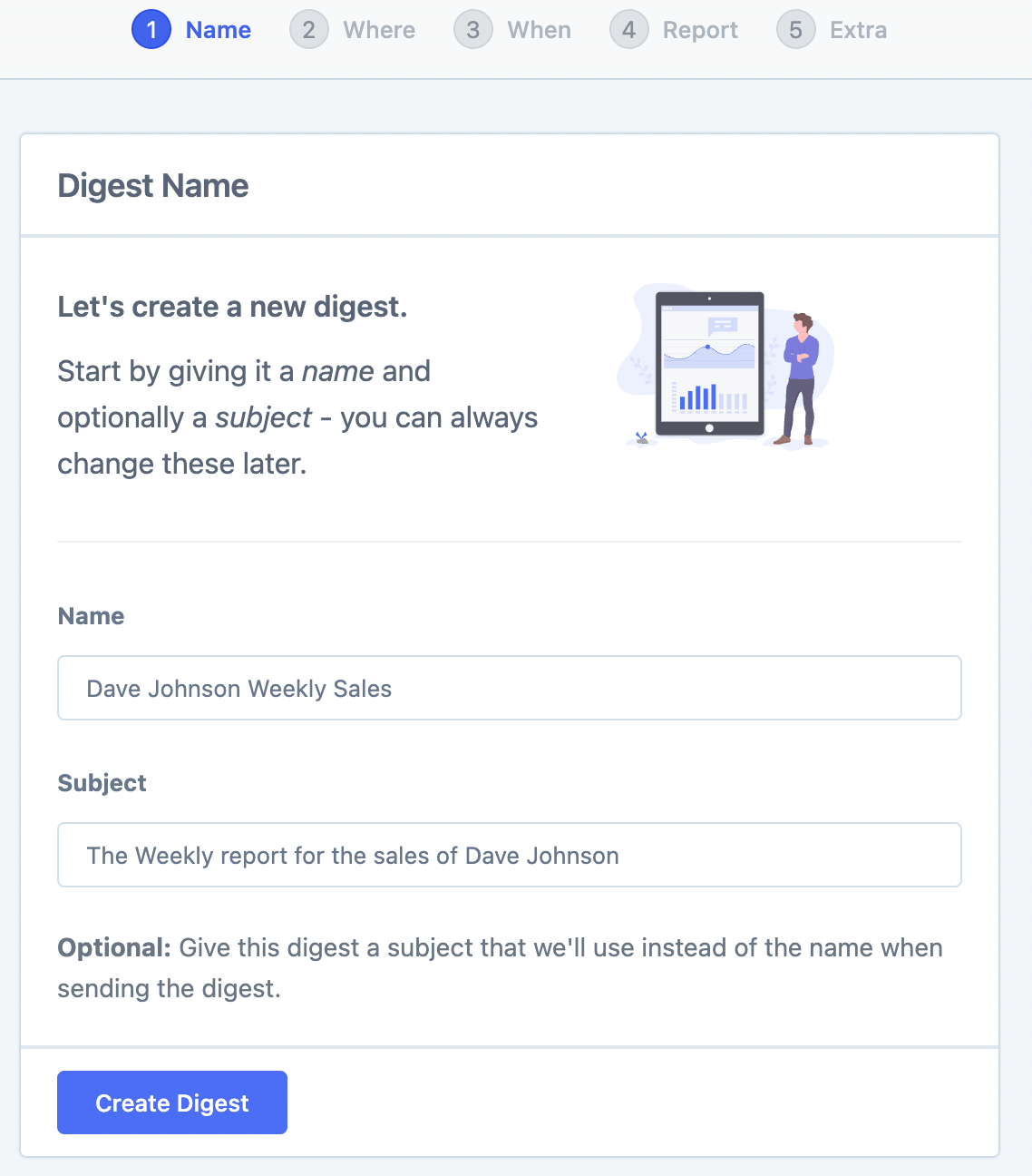 Create the digest with name and subject