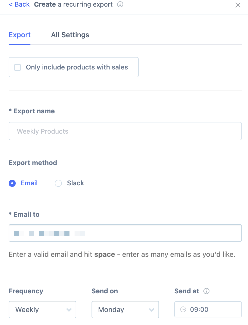 Recurring export settings