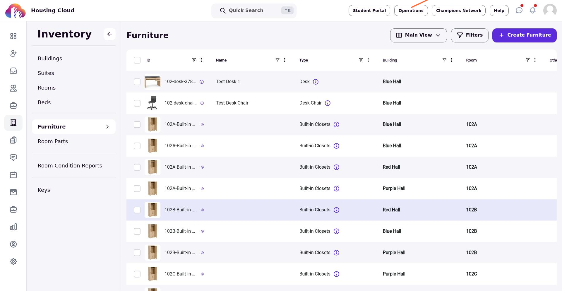 Furniture Inventory page with the Create Furniture button highlighted.