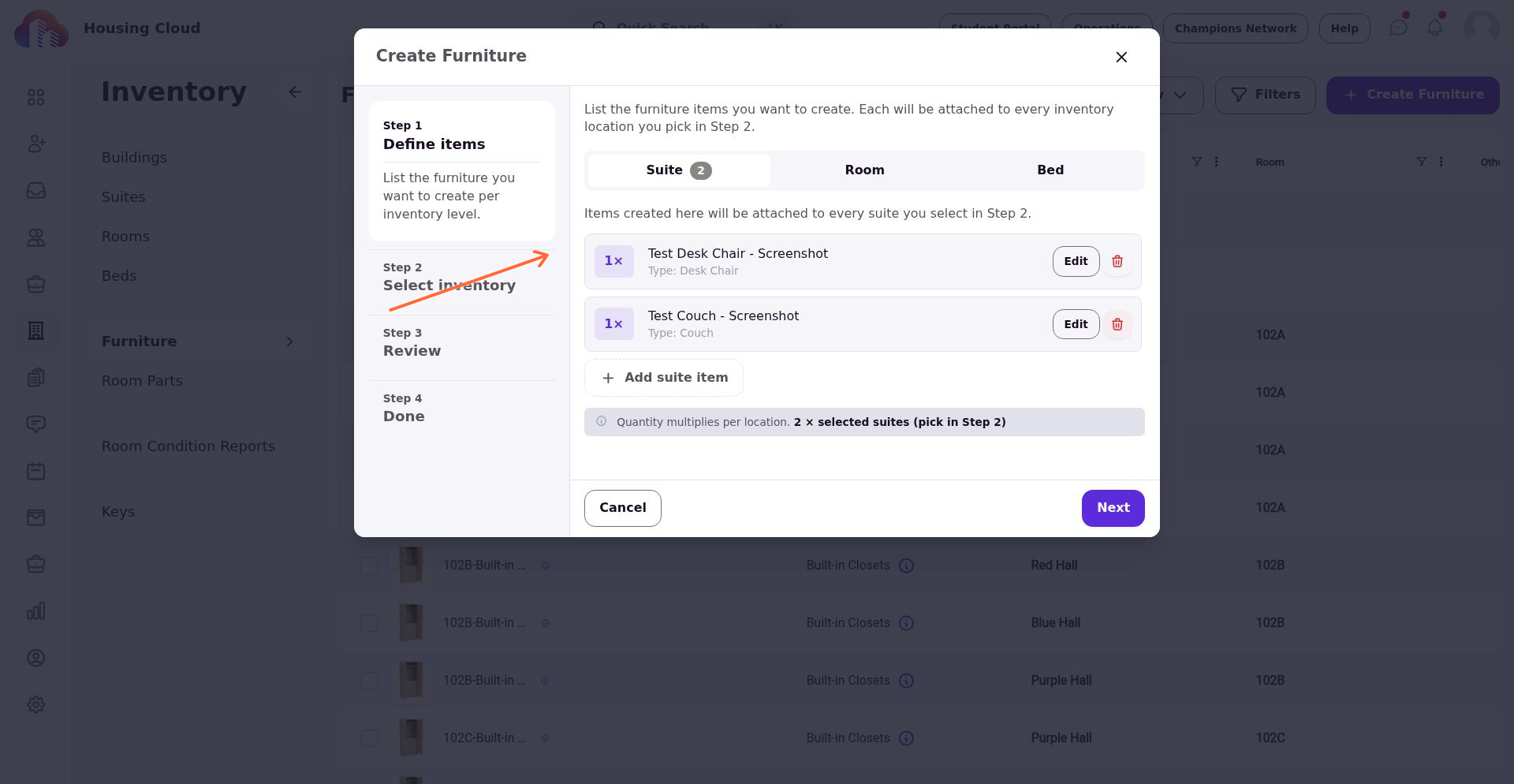 Step 1 showing two Suite-level items defined with quantity, name, and type.